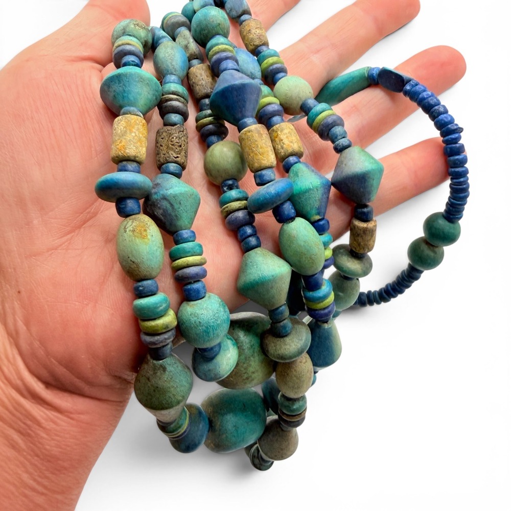 Vintage Multi Strand Wood Bead Necklace Blue Green Teal Boho Geometric Statement - Picture 13 of 16